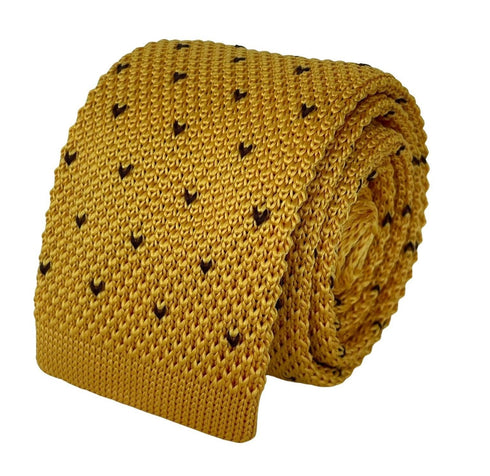 yellow gold knitted tie with brown pin spots heart design